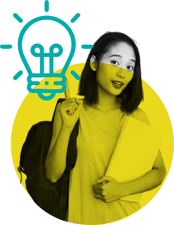 Female high school student point up toward lightbulb