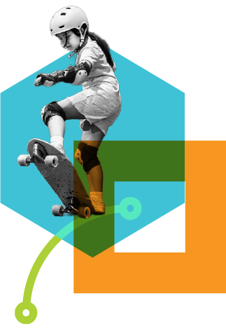 Illustration of child in protective equipment riding skateboard down abstract shape