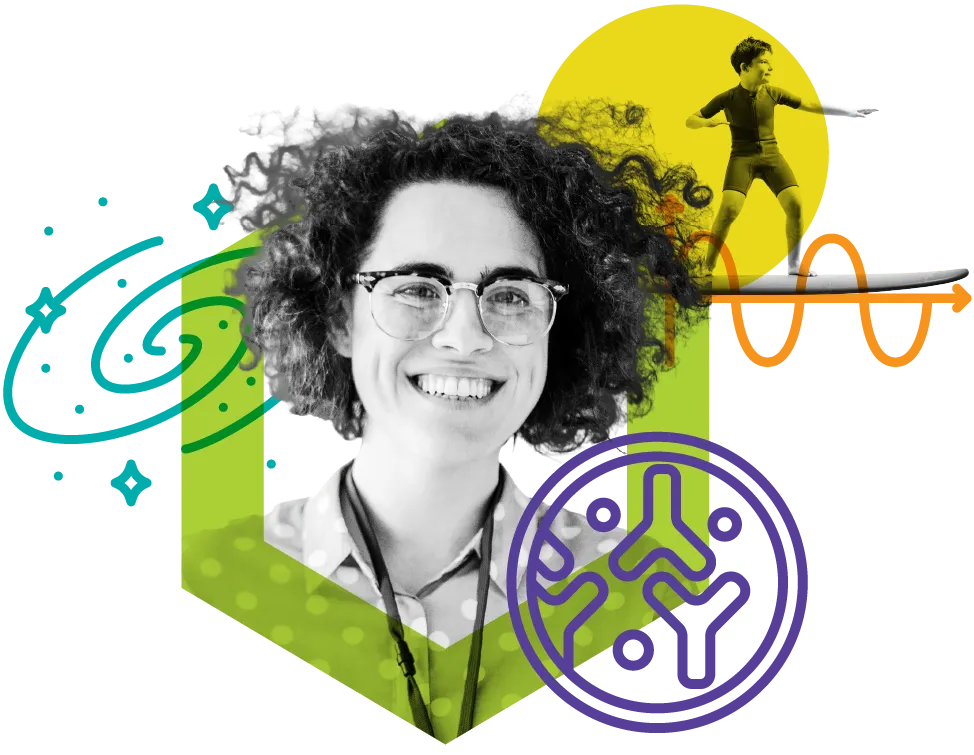 Female educator wearing glasses and a child riding a surf board, overlaid with scientific illustrations of a galaxy and a wave