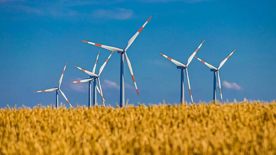 Spinning blades in a field of wind turbines.