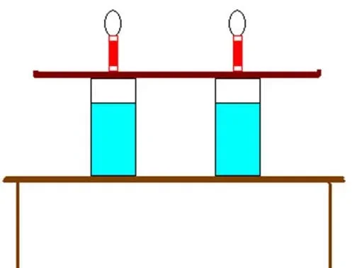 A side view of the setup of the egg drop demo. From this view, can see two half filled glasses on top of a table.  The tray rests on the glasses and the rolled cards with eggs are on top of the tray