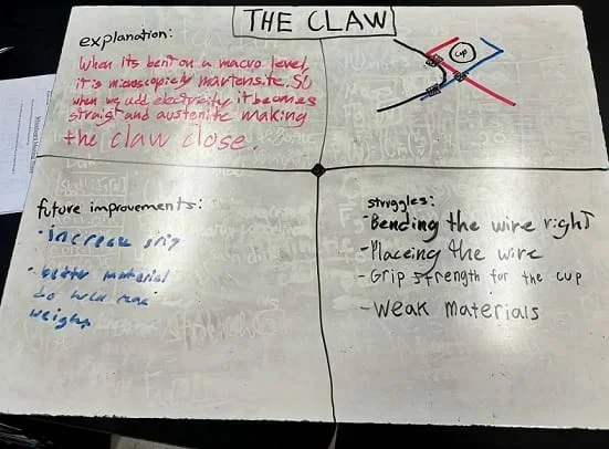 A photo showing a student whiteboard sitting on a lab table; diagrams and group explanations of nitinol behavior in their design are recorded on the whiteboard in red, blue, and black marker, and the title of the board says, “THE CLAW.”