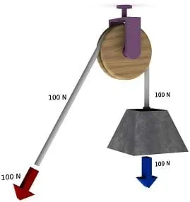 A drawing shows a rope attached to a weight that is wrapped around a circular roller (wheel) and pulled off to the side, lifting the weight. Forces are indicated: A downward force (gravity) on the weight is equal to 100 N and an upward force of 100 N from the rope. A 100 N force downwards and to the left on the rope pulls on the other end of the roller.