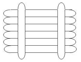 A line drawing shows six Popsicle sticks lined up next to each other and touching. Two cross sticks (going the other way) join the sticks together, making a raft structure.