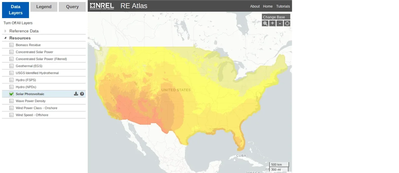 Screen capture shows a map of the continental U.S. in color gradations from light yellow in the NE to dark orange in the SW. From a list of eleven renewable energy sources on one side of the map only "Solar Photovoltaic" is checked.