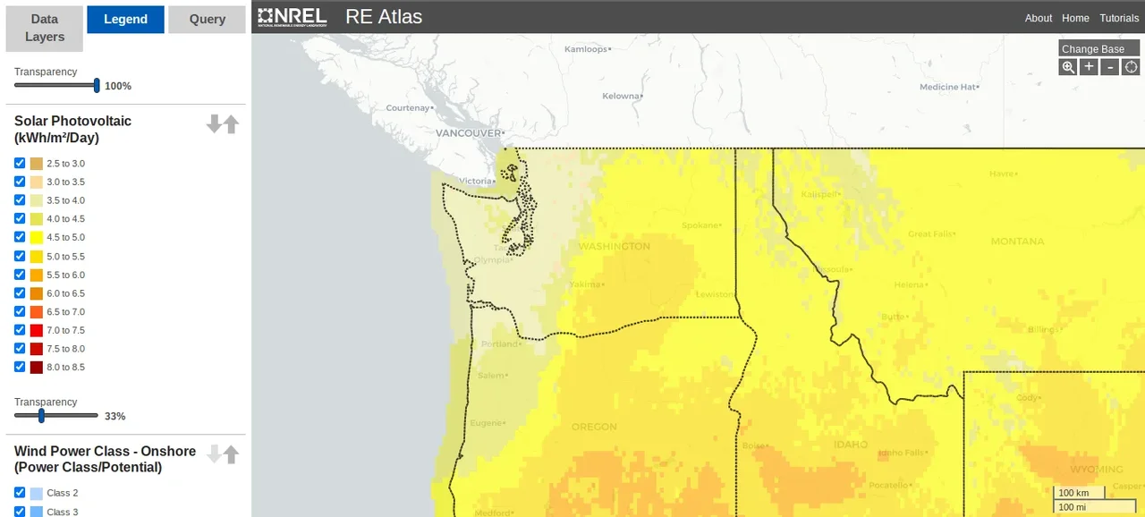 Screen capture shows a map with terrain and main highways graded in colors from brown to yellow. A legend output (red is the highest) indicates the level of kWh per square meter per day, ranging from > 8.5 to 2.5.