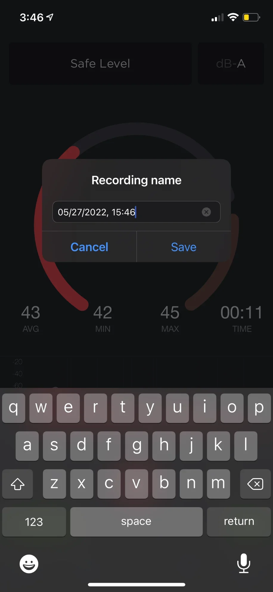 A screenshot of the Decibel: dB sound level meter app.