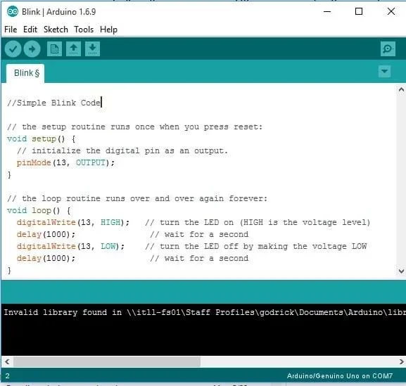 A screenshot of Arduino workspace with completed “simple blink code.”