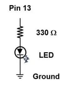 A circuit diagram shows the connections from pin 13 through a 330-ohm resistor to a LED and then to ground.