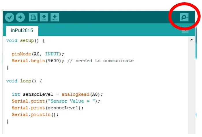 A screenshot of the Arduino programming platform shows the code to work the sensor. Commands include setup, loop, pinMode, Serial.begin, int sensorLevel, Serial.print, and Serial.printIn. A red circle is around the magnifying glass symbol in the upper-right corner.