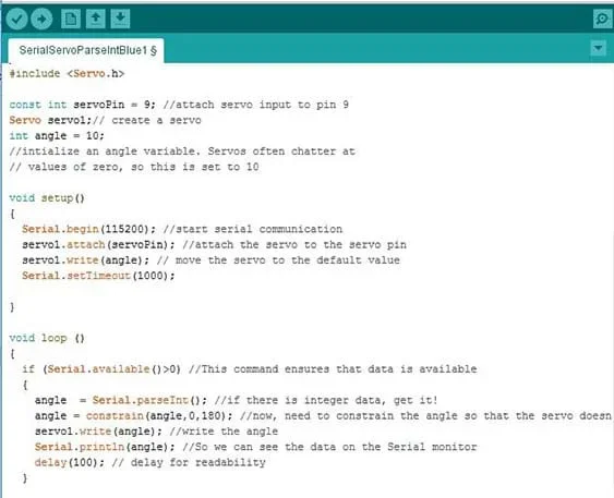 A screen capture shows the code for the serial servo. Includes void setup and void loop commands.