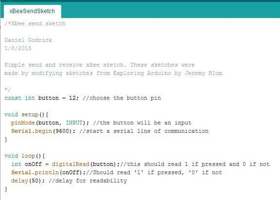 A screen capture shows a simple XBee sketch code to send button data.