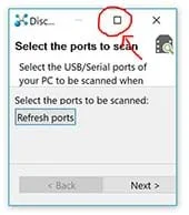A screenshot of the pop-up window that opens as soon as the discover button is selected. A red circle is draw around the maximize window button.