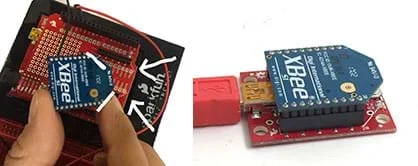 Two photographs. Lines and arrows on one photograph point out the two angled sides of one end of the XBee device and similar angled white lines on the XBee Explorer. The second photograph shows the XBee correctly plugged into the XBee Explorer with the XBee straight edge positioned closest to the USB port.