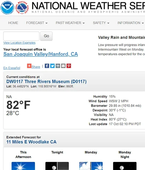 A screenshot of the Weather.gov dashboard.