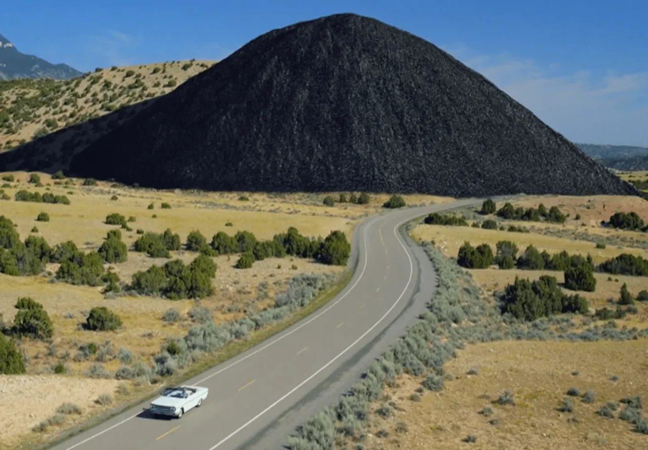 A screenshot from a video showing a car driving past a large pile of carbon.