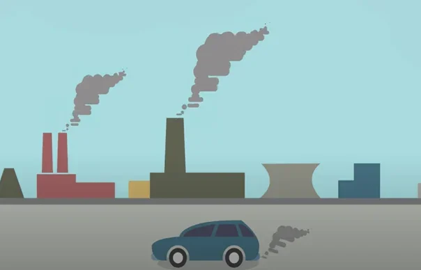 A graphic showing emissions from industrial plants and cars.
