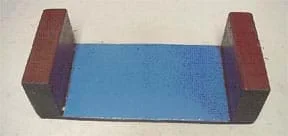 A photo shows two blocks placed on opposite ends of a bigger flat piece of wood. The flat piece of wood is painted blue to represent water.