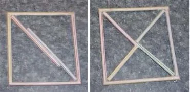 Two photographs. Left: A square shape made with drinking straws is divided into two triangles with an inner diagonal. Right: A square shape made with straws is divided into four triangles with an inner X shape.