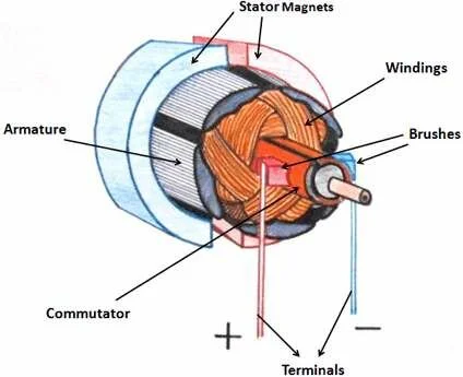 An illustration of DC (direct current) motor parts including the armature (or rotor), brushes, commutator, stator, and terminals.