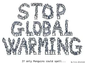 A "Stop Global Warming" sign spelled out by small penguins.
