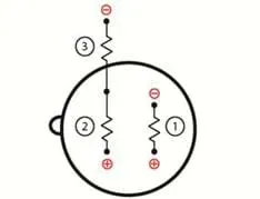Circuit drawing of a VOC sensor. Resistor number 1 is connected to a positive and negative terminal. Resistors 2 and 3 are connected to each other, and other ends are connected to the positive terminal (resistor 2) and negative terminal (resistor 3).