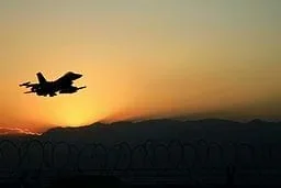 An F-16J Fighting Falcon aircraft takes off at Bagram Air Field.