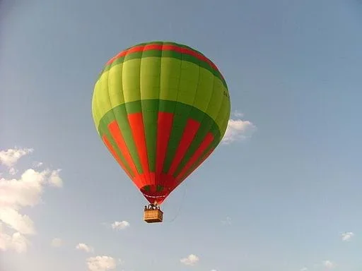 A photograph shows a hot air balloon in the blue sky.