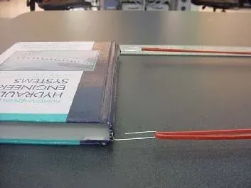 A photo shows two paperclips that are each attached to rubber bands. Each free end of the paperclip is bent at a right angle and slipped into the ends of the same textbook spine.