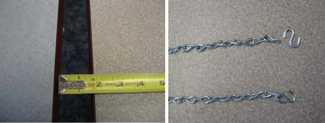 Two photos: (left) A tape measure placed across the gap between two tables. (right) Two lengths of silver chain link and two S-hooks.