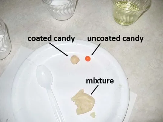A photo shows a piece of candy covered with the beige mixture (coated) next to a piece of red candy (uncoated) on a paper plate.