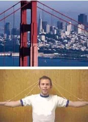 (top) Photo of the Golden Gate Bridge (bottom) Photo shows two pieces of string tied to the arms and elbows of a person and stretched over the top of their head forming two A shapes.