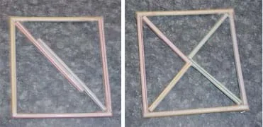 Two photographs. Left: A square shape made with drinking straws is divided into two triangles. Right: A square shape made with straws is divided into four triangles with an inner X shape.