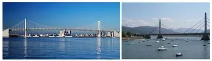 (left) Photo shows a long bridge with two towers spanning a river. Cables make an M shape. (right) Photo shows two sets of fan-shaped cables attached to two towers. Cables make an A shape.