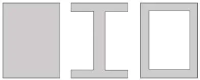 Three sketches: a rectangle, a capital I-shape, and two concentric rectangles.