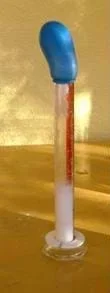Photo shows a graduated cylinder with blue balloon around the top cylinder mouth to "capture" escaped carbon as carbon dioxide gas.