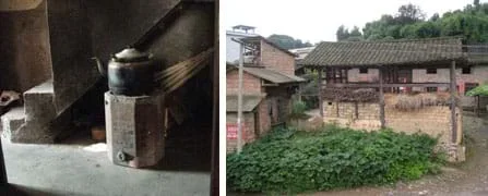 Two photos: (left) A black teapot sits on a small coal stove. The stove looks somewhat like a metal bucket with angled sides. (right) Homes in the Chinese countryside with peaked roofs made of wood and ceramic tile, and walls made of brick.