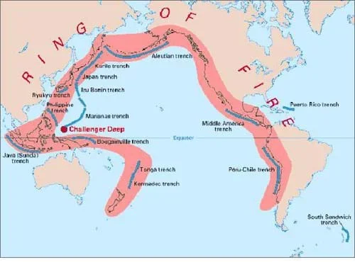 A map shows the Pacific Ocean and its surrounding continents with the area that is considered the Ring of Fire shaded in red.