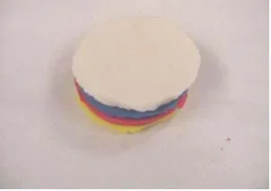 A photograph shows four circular layers of different colors of modeling clay (yellow, red, blue white) stacked on top of one another.