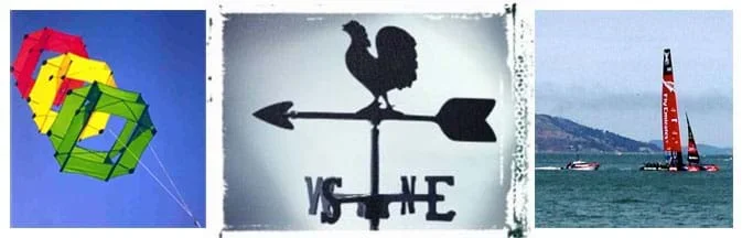 Three-images: Photo of a three-section box kite made of green, yellow and red fabric with a blue sky backdrop. A silhouette of a weather vane with a rooster atop an arrow and N-S-E-W directional spinner below. Photo shows the tall red and black "Fly Emirates" sail of the 2013 New Zealand America's Cup pontoon boat moving on the water of San Francisco bay, pursued by a motor boat.