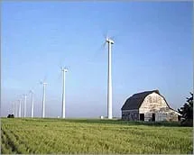 Photo shows many tall wind turbines near a barn and fields of crops.