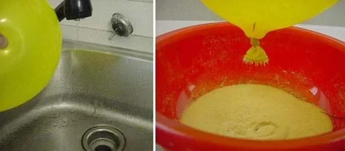 Two photos: (left) An inflated balloon held next to a steady stream of water from a sink faucet. The stream of water arcs towards the charged balloon. (right) An inflated balloon held over a bowl of powder. Gelatin particles have formed small stalactites hanging from the tied end of the balloon.