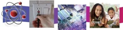 Four images: Representative drawing of an atom with nucleus and three orbiting electrons, photo of a person's hand pushing a pronged-electrical cord into a wall socket, close-up photo shows etched lines and components of an integrated circuit board, photo of a woman and young girl each holding controllers and playing a videogame together.