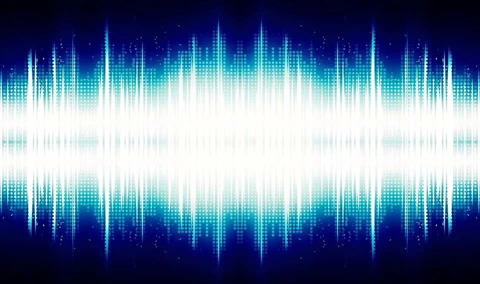 A blue and white audio sound wave.