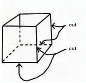 A diagram of a cube (box) with four edges to cut identified.