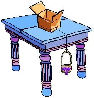 A drawing of a box resting on top of a table with a piece of fishing line tied around it. From the box, the fishing line drapes off the side of the table and is tied to a basket that hangs below the edge of the table.