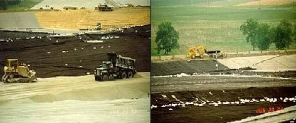 Two photos show different views of heavy equipment (dump trucks, bulldozers) spreading a layer of sand over a big area of land.