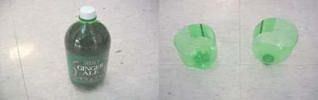 A photograph shows a 2-liter bottle of ginger ale (left) and the same green plastic bottle cut in half horizontally (right) so the base is in one half and the narrow neck is in the other half.