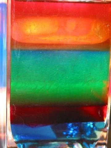 Photo shows a drinking glass with indistinct layers of blue, dark red, green, blue and orange fluids.