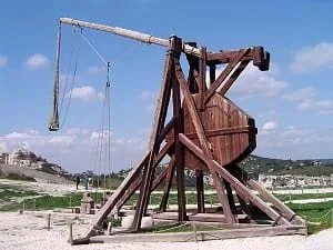 A large wooden trebuchet at the Chateau des Baux, France.